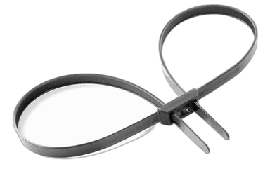 Plastic tie wraps designed to be used as restraining devices (e.g., flex cuffs)